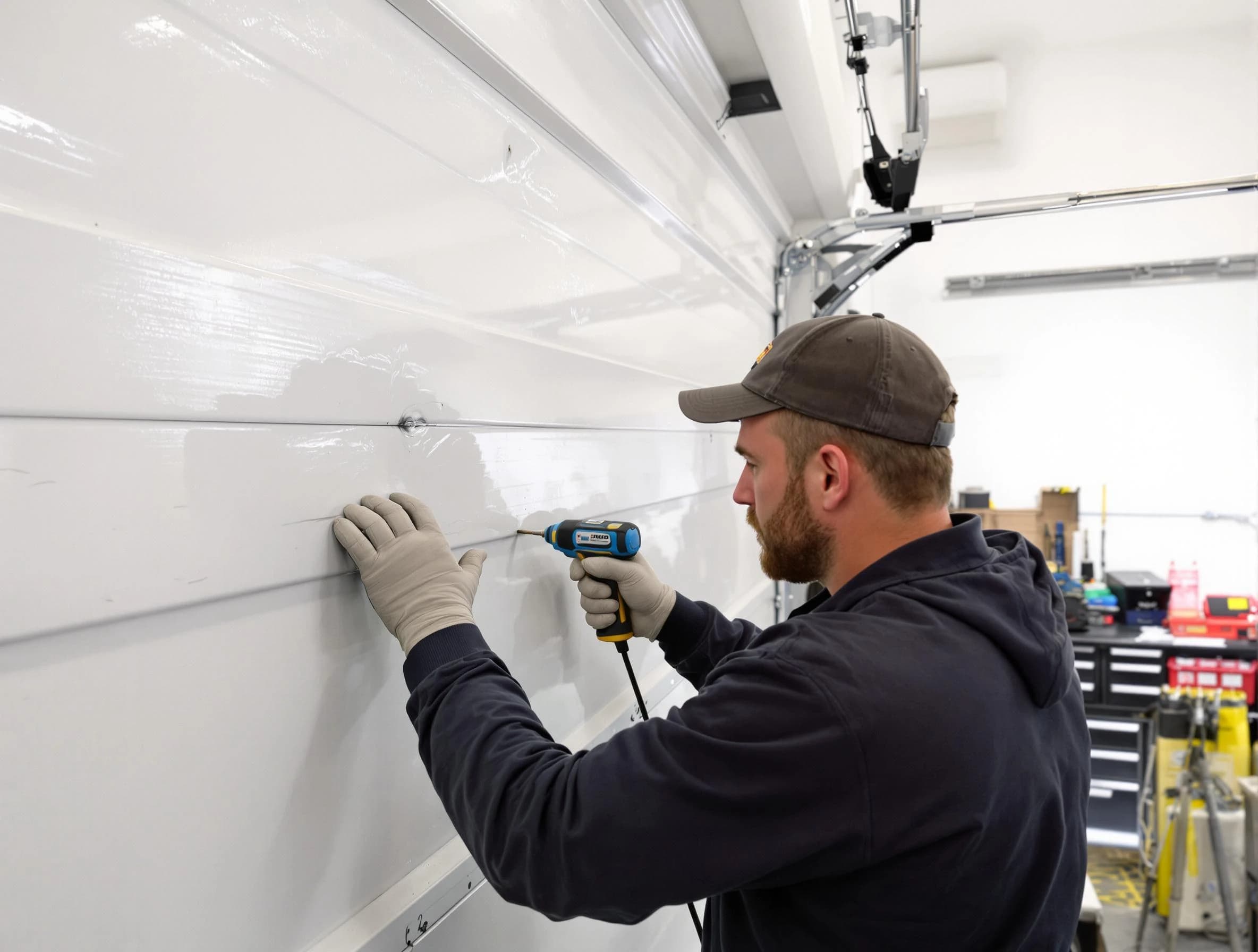 Garfield Garage Door Repair technician demonstrating precision dent removal techniques on a Garfield garage door